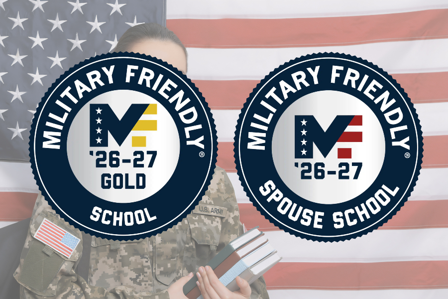military friendly school and military friendly spouse school gold badges displayed over a muted image of a student-veteran standing before an american flag