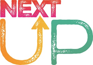 nextup logo with the word next in pink above an upward arrow, the letter u in orange and the letter p in green on a white background