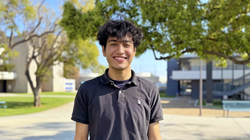 headshots of a smiling student, Hamza El Lahib, on the college campus