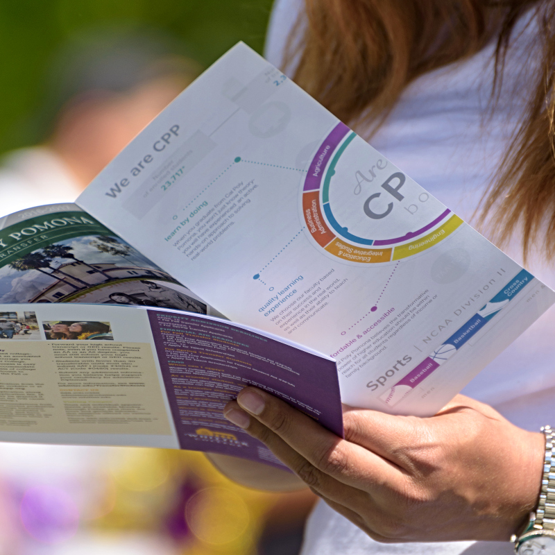 person holding open college brochure with campus photos and colorful infographic pages