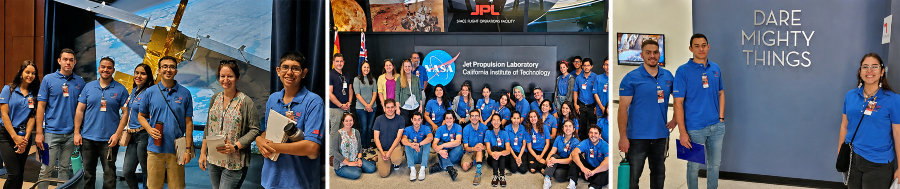 students and faculty pose during a visit to nasa's jet propulsion laboratory, including group photos in front of a spacecraft display, the jpl sign and a wall reading dare mighty things