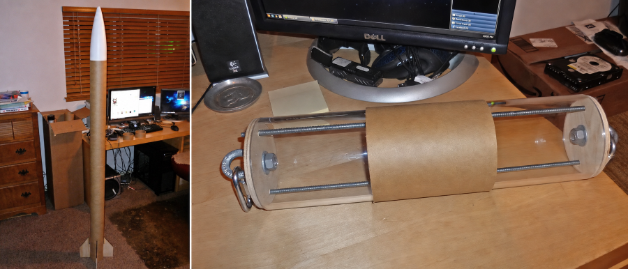 two photos show a model rocket standing upright indoors and a cylindrical rocket component with clear tubing, wooden end caps and metal rods resting on a desk
