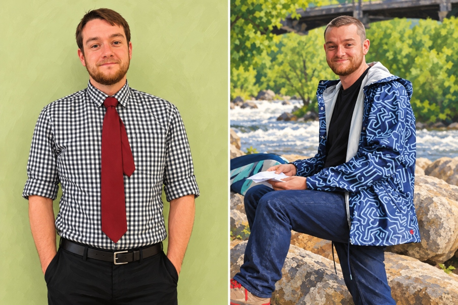 matthew mccarthy pictured in two illustrated portraits: standing in a checkered shirt and red tie, and seated outdoors beside a river in a blue patterned jacket