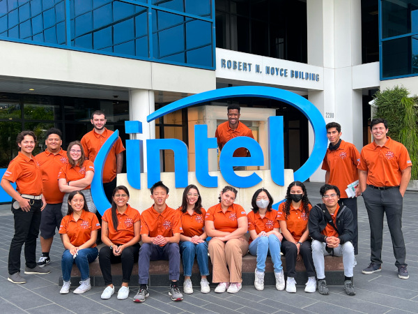 a group of Pathways to STEM students pictured outside the Robert Noyce Building at Intel Corporation in Santa Clara, California 