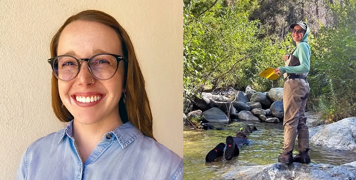 split image showing a smiling Emily Correia-Lambton wearing glasses and a blue button-up shirt on the left, and Emily Correia-Lambton conducting environmental fieldwork in a shallow stream wearing chest waders and holding a yellow field notebook on the right
